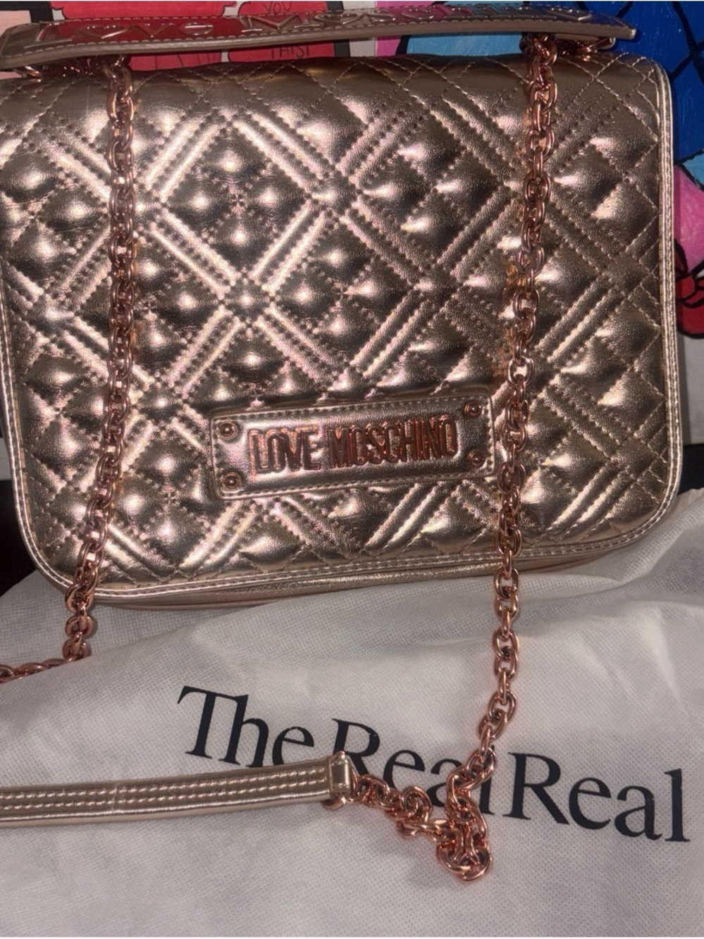 Love Moschino Metallic Rose Gold Quilted Crossbody with Chain Strap